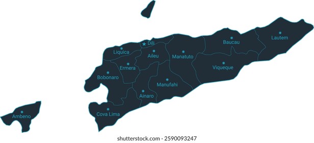 Timor Leste map high detailed with administrative divide by state, capital cities names, outline simplicity style. Vector illustration EPS10.