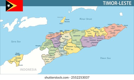 Timor Leste Map Vetor New 2024 Colorful - Mapa político em camadas personalizável de Timor-Leste com divisões administrativas para o site, educação, relatórios, notícias, política, impressão, cartaz e papel de parede