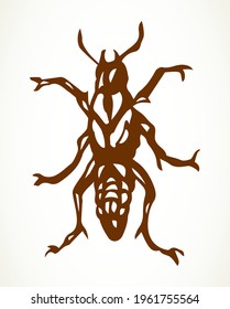 Timor olen clamber insecta on light paper text space backdrop. Outline black ink pen hand drawn forest life logo pictogram emblem design in vintage art doodle engrave print style. Close up micro view