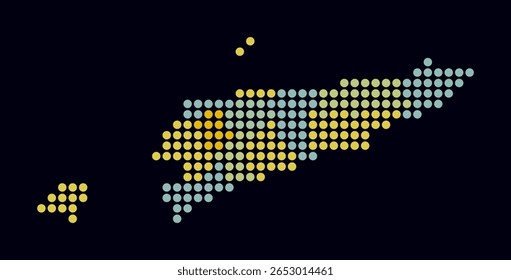 Timor-Leste pontilhado mapa. Mapa de estilo digital do país sobre fundo escuro. Forma de Timor-Leste com pontos circulares. Estilo de pontos coloridos. Círculos grandes. Ilustração de vetor vibrante.