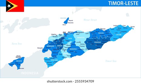 Timor-Leste East Timor Map Vector Blue Spot - Customizable layered political map of Timor-Leste with administrative divisions for website, education, reports, news, politics, print, poster