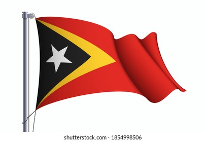 Símbolo del estado de la bandera de Timor Oriental aislado en un estandarte nacional de fondo. Tarjeta de saludo Día Nacional de la Independencia República Democrática de Timor Oriental. Cartel de ilustración de la bandera de estado realista de Timor Oriental