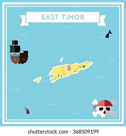 Timor-Leste flat treasure map. Colorful cartoon treasure map of Timor-Leste with flat icons of pirate ship, jolly roger, treasure chest and banner ribbon. Flat design vector illustration.