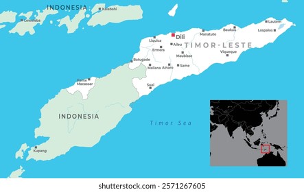 Timor-Leste map with capital Dili, borders, landmarks, and major cities in Southeast Asia