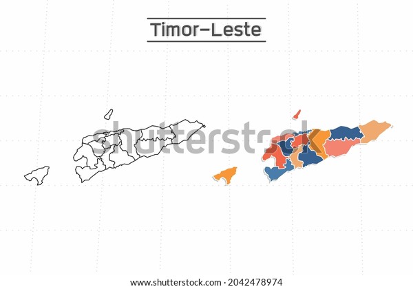 Timor-Leste map city vector\
divided by colorful outline simplicity style. Have 2 versions,\
black thin line version and colorful version. Both map were on the\
white background.