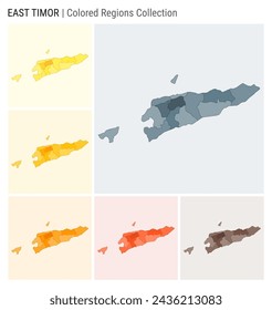Timor-Leste map collection. Country shape with colored regions. Blue Grey, Yellow, Amber, Orange, Deep Orange, Brown color palettes. Border of Timor-Leste with provinces for your infographic.