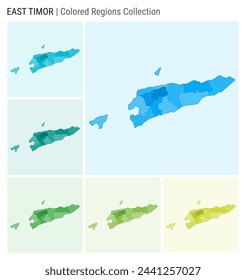 Timor-Leste map collection. Country shape with colored regions. Light Blue, Cyan, Teal, Green, Light Green, Lime color palettes. Border of Timor-Leste with provinces for your infographic.