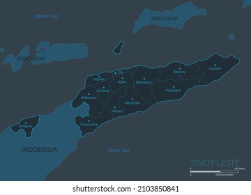 Timor-Leste map. High detailed map of Timor-Leste with countries, borders, cities, water objects. Vector illustration eps10