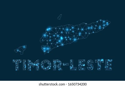 Mapa de la red de Timor Oriental. Mapa geométrico abstracto del país. Conexión a Internet y diseño de telecomunicaciones. Encantadora ilustración vectorial.