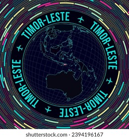 Timor-Leste on globe. Satelite view of the world centered to Timor-Leste. Bright neon style. Futuristic radial bricks background. Beautiful vector illustration.