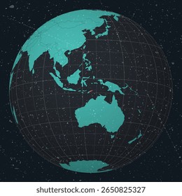 Timor-Leste no Globo. Olhar vintage com textura grunge riscado. Mapa do mundo no mapa da paleta de cores de Turquesa a carvão escuro. Forma de Timor-Leste no mapa. Globo com meridianos e paralelos.