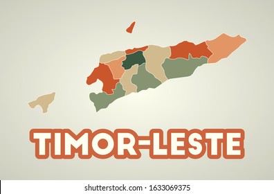 Timor-Leste poster in retro style. Map of the country with regions in autumn color palette. Shape of Timor-Leste with country name. Stylish vector illustration.