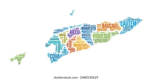 Timor-Leste region word cloud. Country shape design. Timor-Leste colored illustration. Region names collage cloud. Vector illustration.