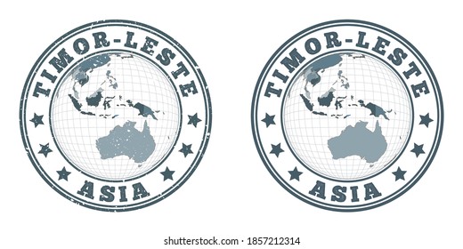 Timor-Leste round logos. Circular badges of country with map of Timor-Leste in world context. Plain and textured country stamps. Vector illustration.