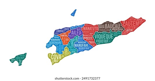 Timor-Leste shape. Country word cloud with region division. Timor-Leste colored illustration. Region names cloud. Vector illustration.