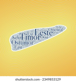 Timor-Leste shape formed by country name in multiple languages. Timor-Leste border on stylish striped gradient background. Vibrant poster. Stylish vector illustration.