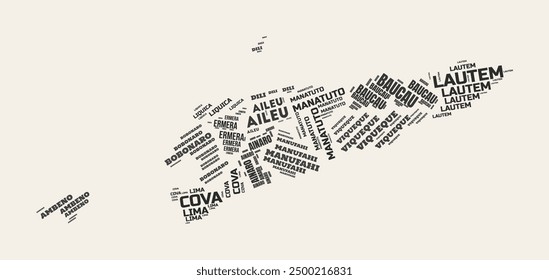 Timor-Leste Word Cloud. Country with regions division. Timor-Leste typographic text clouds vector image design. Vintage gazette style country shape image. Creative vector illustration.