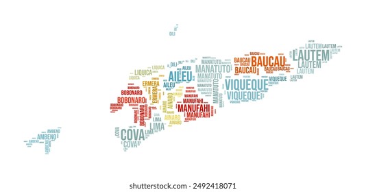 Timor-Leste Word Cloud. Country shape with region division. Timor-Leste typography style image. Region names tag clouds. Vector illustration.