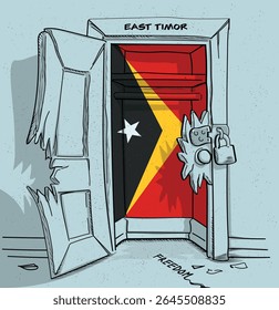 Timor-Leste's path to freedom. A political illustration of a broken but locked door with the national flag. A metaphor for struggle and hope.