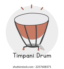 Timpani clipart cartoon style. Simple cute brown timpani percussion musical instrument flat vector illustration. Percussion instrument kettledrums hand drawn doodle style. Timpani vector design