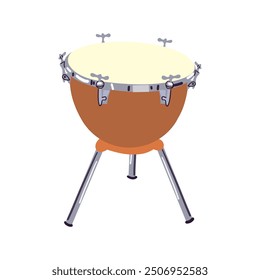 Timpani clipart cartoon style. Simple cute brown timpani percussion musical instrument flat vector illustration. Percussion instrument kettledrum hand drawn doodle style. Timpani vector design