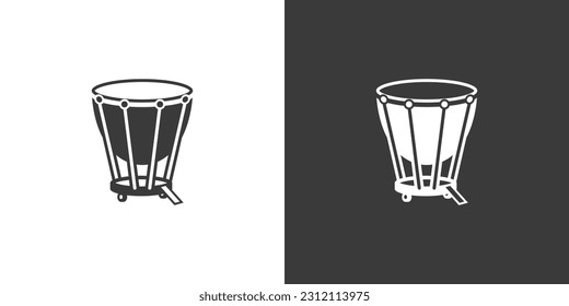 Timpani trommel flaches Websymbol. Timpani Logo Design. Percussion Instrument timpani Drum Schild Silhouette Symbol mit inverter Farbe. Timpani solide schwarze Symbol Vektordesign. Konzept von Musikinstrumenten