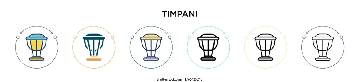 Icono de Timpani en estilo relleno, delgado, contorno y trazo. Ilustración vectorial de dos diseños de iconos vectoriales de tipani de color y negro se pueden utilizar para móviles, ui, web