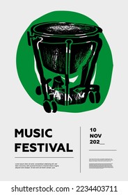 Timpani, kettledrums, drum. Music festival poster. Percussion musical instruments. Competition.  A set of vector illustrations. Minimalistic design. Banner, flyer, cover, print.