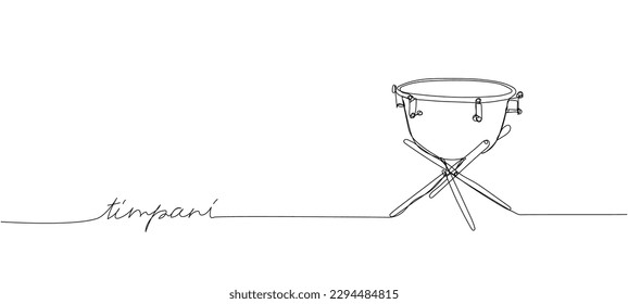 Timpani one line art. Continuous line drawing of Ethnic Drum, music, performer, song, vintage, rock, instrument, band, percussion, sound, bass, musician with an inscription, lettering, handwritten.