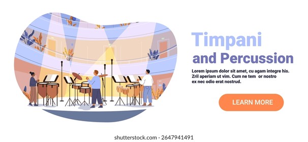 Timpani músicos de percussão que se apresentam no palco sala de concertos destaque público moderno orquestra instrumentos colorido fundo website banner