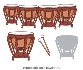 Timpani and it's silhouette set. Vector illustration.	