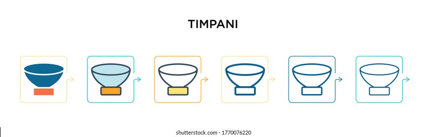 Timpani vector icon in 6 different modern styles. Black, two colored timpani icons designed in filled, outline, line and stroke style. Vector illustration can be used for web, mobile, ui