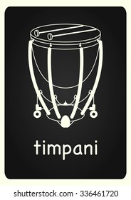 Timpani vector illustration on chalkboard. Musical instrument poster. Black and white picture. EPS