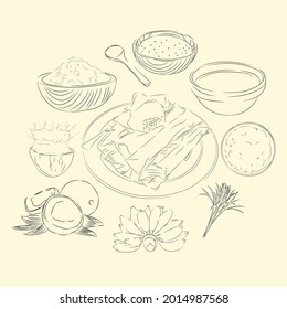 Timphan E Ingredientes Ilustración Estilo Esbozo, Comida Tradicional Desde Aceh, Buen uso para el menú del restaurante, Libro de recetas de comida indonesia y contenido de comida.