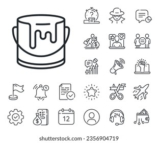 Tin of acrylic paint sign. Salaryman, gender equality and alert bell outline icons. Paint bucket line icon. Painter can symbol. Paint line sign. Spy or profile placeholder icon. Vector