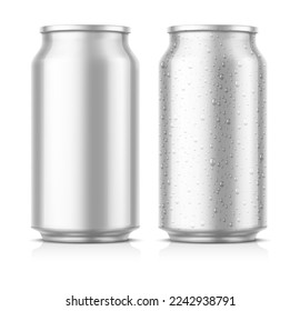 Tin beer can mockup with water drops condensation on the surface. Blank empty label. Isolated white background. Vector illustration