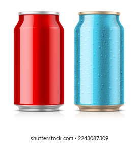 Tin beer can mockup with water drops condensation on the surface. Blank empty label. Isolated white background. Vector illustration