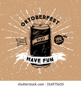 Tin with beer in vintage style with hand drawn graphic elements. Paper background