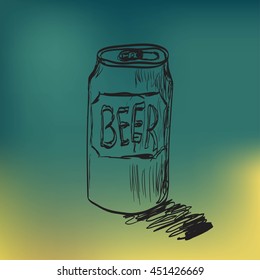 Tin with beer in vintage style with hand drawn graphic elements. Paper background