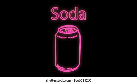 tin bottle on black background, vector illustration, neon. bottle for drinks and lemonades. neon purple. bright illumination, signboard with the inscription soda