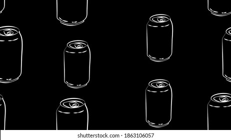 tin bottles on black background, vector illustration, pattern. bottle for drinks and lemonades. container for soda red. seamless pattern in the style of black and white chalk drawing.
