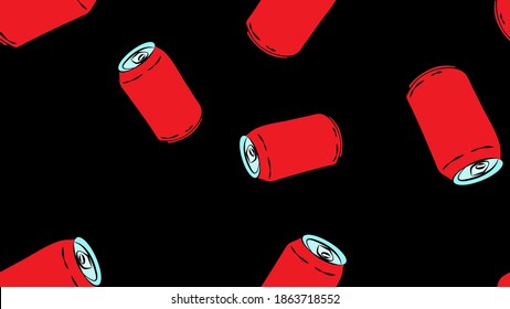 tin bottles on black background, vector illustration, pattern. bottle for drinks and lemonades. container for soda red. seamless pattern, illustration creative and color, wallpaper.