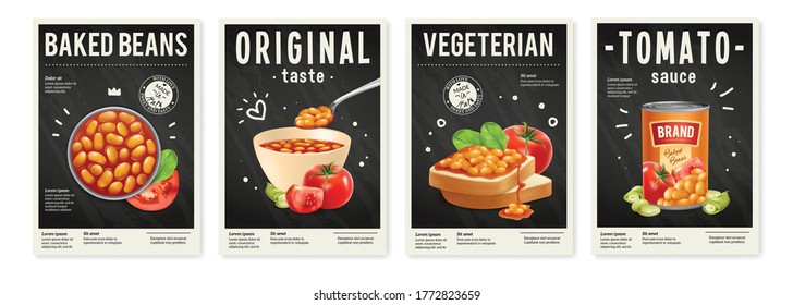 Tin Bowl And Toast With Baked Beans In Tomato Sauce Realistic Posters Set Isolated Vector Illustration