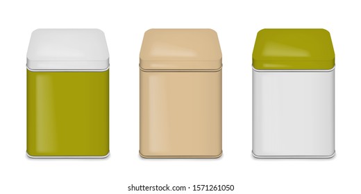 Tin box with lid set. Square color metal container isolated on white background. Vector template. Easy to recolor.