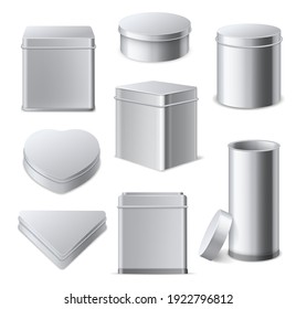 Tin boxes. Realistic 3d square, cylinder and round metallic containers with lid, tea and cookies gift packaging, different shapes mockups collection, aluminium closed blank boxes vector isolated set