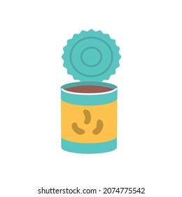 Tin can with beans, food for camping conditions, vector illustration in flat style.