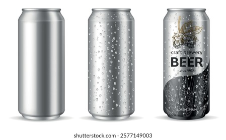 Tin can beer water drops. Realistic metal blank can for cold beverages, 500 ml packaging with water drops. Marketing branding mockup. Isolated elements for lemonade. Vector 3d concept