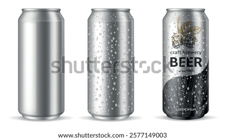 Tin can beer water drops. Realistic metal blank can for cold beverages, 500 ml packaging with water drops. Marketing branding mockup. Isolated elements for lemonade. Vector 3d concept