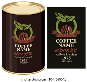 Una lata con etiqueta negra para granos de café. Etiqueta vectorial para el café con grano de café y lata con esta etiqueta.