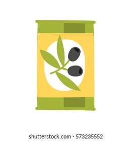 Tin Can With Black Olives Primitive Cartoon Icon, Part Of Pizza Cafe Series Of Clipart Illustrations